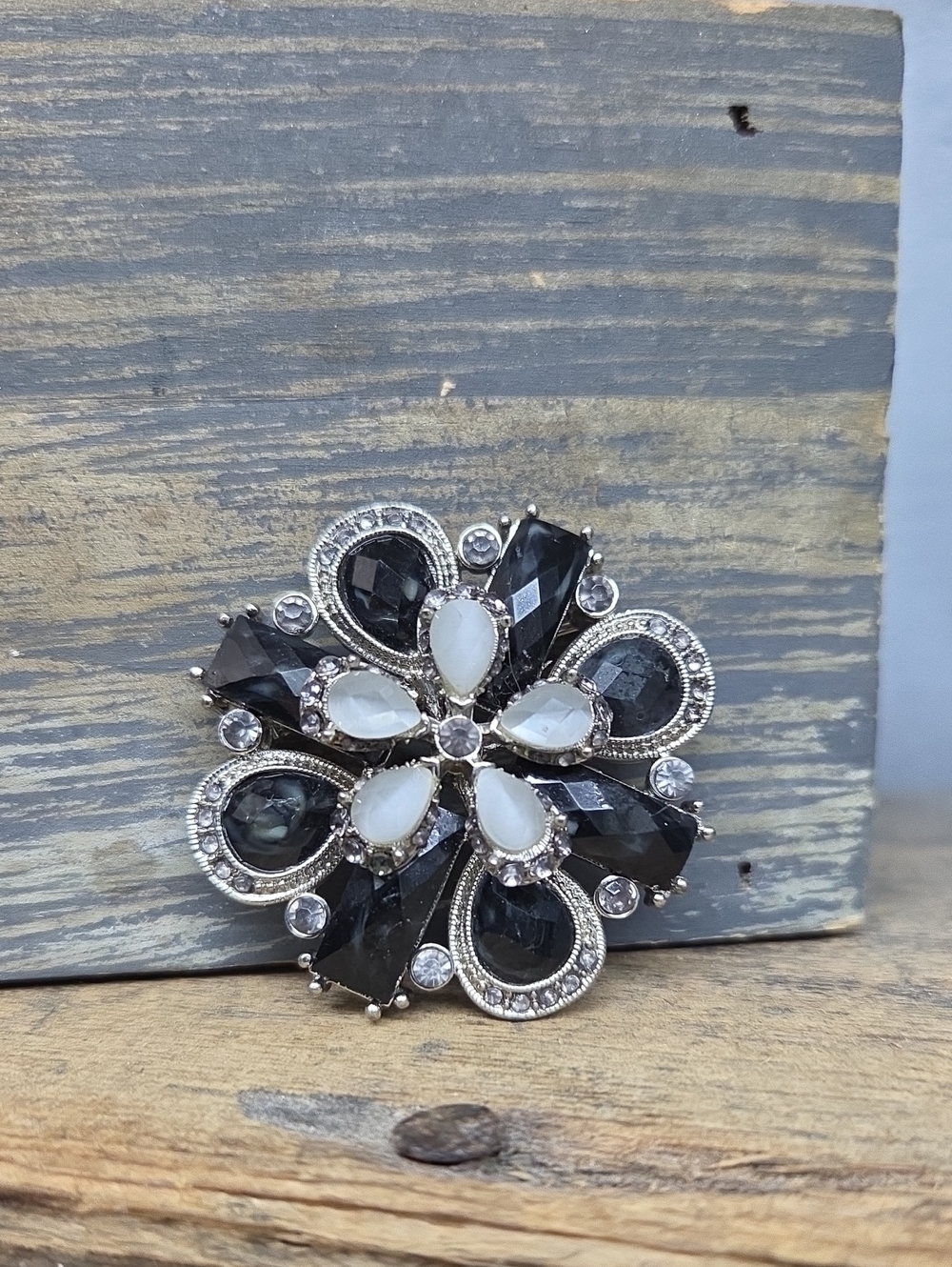 Vintage Silver Tone Black & White Crystal Floral Brooch Pin